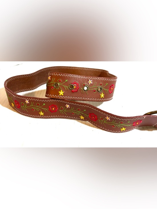 Women\'s  unisex Brown Embroidered Floral Leather Belt main image 5